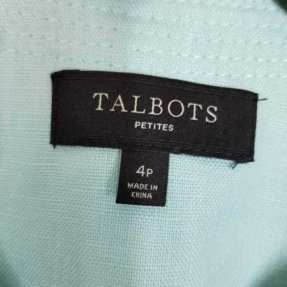 Talbots‎ Women Linen Blazer Blazer Jacket Size 4 Petite Light Blue Open Front